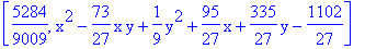 [5284/9009, x^2-73/27*x*y+1/9*y^2+95/27*x+335/27*y-1102/27]